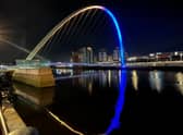 The Gateshead Millennium Bridge in blue and yellow (Image: Toby Bryant / NewcastleWorld)