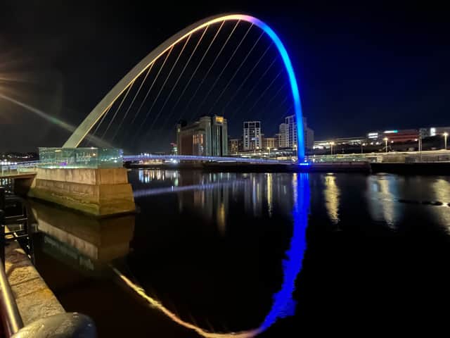 The Gateshead Millennium Bridge in blue and yellow (Image: Toby Bryant / NewcastleWorld)