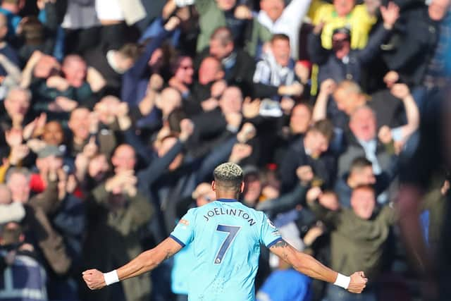 Newcastle United star Joelinton scores the opener during his side’s 2-0 win at Brentford. 