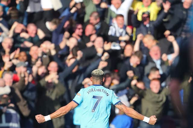 Newcastle United star Joelinton scores the opener during his side’s 2-0 win at Brentford. 