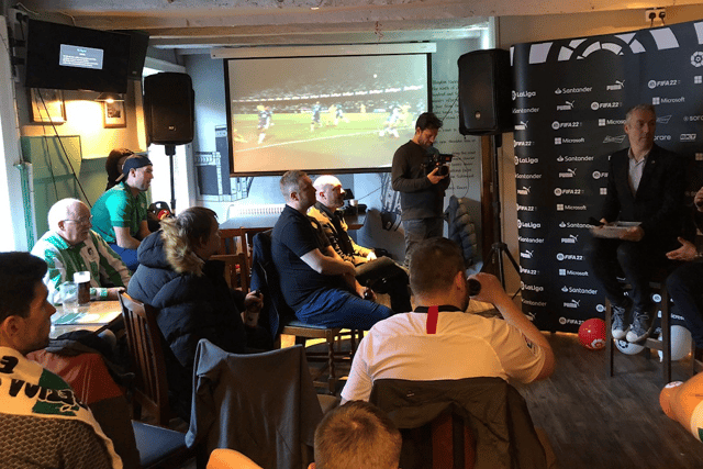 Terry Gibson (right) and Andy Brassell on stage at Sunday’s La Liga TV event at the Old George Inn.