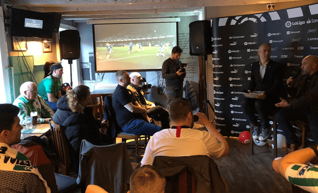 Terry Gibson (right) and Andy Brassell on stage at Sunday’s La Liga TV event at the Old George Inn.