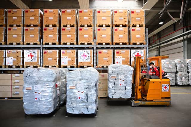 Relief goods for Ukrainian refugees are prepared by members of the Red Cross 