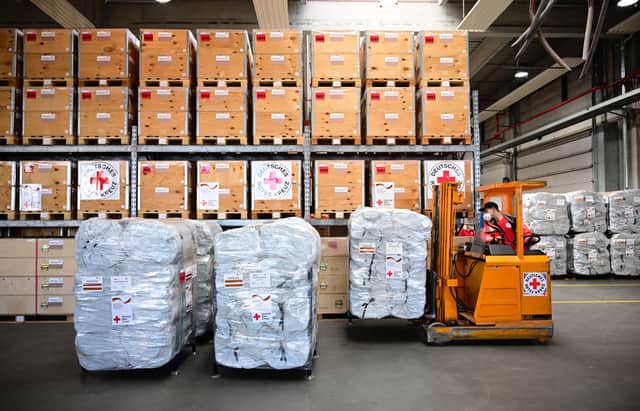 Relief goods for Ukrainian refugees are prepared by members of the Red Cross 