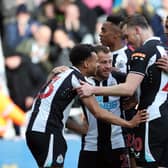Newcastle United celebrate Ryan Fraser’s opener against Brighton. (Photo by Ian MacNicol/Getty Images)