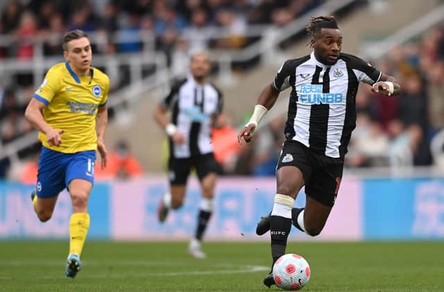 Newcastle winger Allan Saint-Maximin in action during the Premier League match between Newcastle United and Brighton & Hove Albion at St. James Park on March 05, 2022 in Newcastle upon Tyne, England.