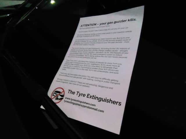 The group left notes attacking drivers’ choice of vehicle