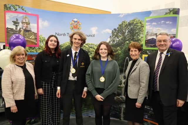 MP Mary Glindon, previous Young Mayor Suzie McKenzie, new Young Mayor Max Godfrey, new Member of Youth Parliament Hannah Clark McKeran, Elected Mayor Norma Redfearn and MP Alan Campbel