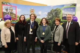 MP Mary Glindon, previous Young Mayor Suzie McKenzie, new Young Mayor Max Godfrey, new Member of Youth Parliament Hannah Clark McKeran, Elected Mayor Norma Redfearn and MP Alan Campbell 