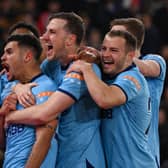 Newcastle United celebrate Bruno Guimaraes’ winner at Southampton. 