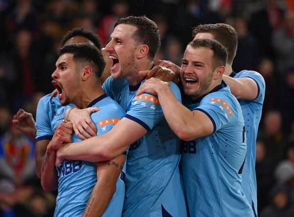 Newcastle United celebrate Bruno Guimaraes’ winner at Southampton. 