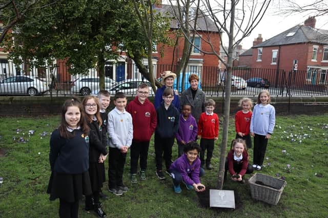 North Tyneside Elected Mayor Norma Redfearn CBE with children at Richardson Dees Park, Wallsend.