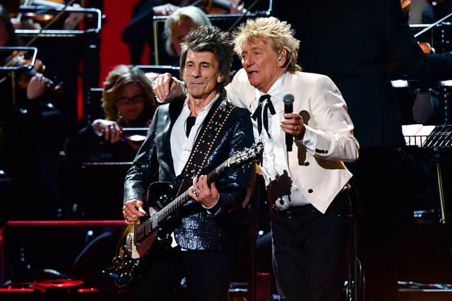 Ronnie Wood and Rod Stewart perform during The BRIT Awards 2020 at The O2 Arena on February 18, 2020 in London