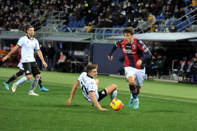 Aaron Hickey of Bologna FCin action during the Serie A match between Bologna FC and Spezia Calcio at Stadio Renato Dall'Ara on February 21, 2022