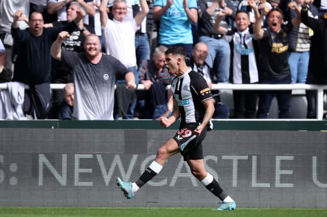Bruno Guimaraes of Newcastle United celebrates after scoring their team’s first goal during the Premier League match between Newcastle United and Leicester City at St. James Park on April 17, 2022 in Newcastle upon Tyne, England. (Photo by George Wood/Getty Images)