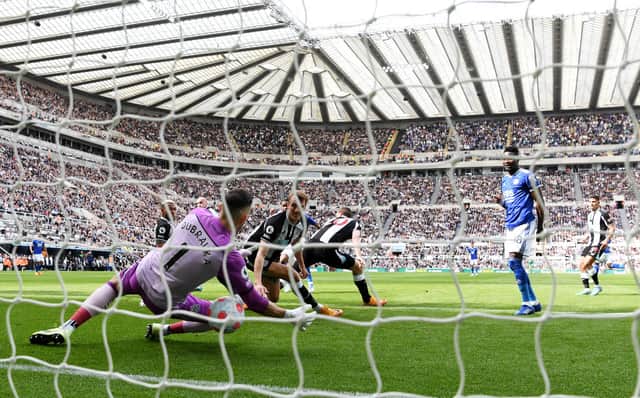 Martin Dubravka of Newcastle United fails to save a shot by Ademola Lookman of Leicester City (hidden) during the Premier League match between Newcastle United and Leicester City at St. James Park on April 17, 2022 in Newcastle upon Tyne, England. (Photo by Stu Forster/Getty Images)