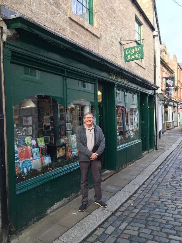 Colin Youngman outside Cogito in Hexham, where his books are sold