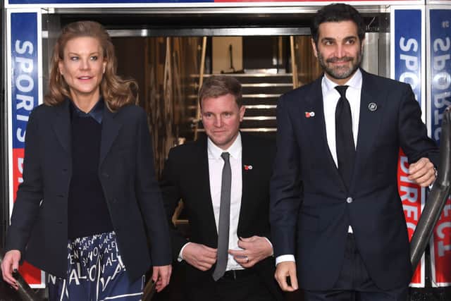 Newcastle United head coach Eddie Howe pictured alongside co-owners Amanda Staveley and Mehrdad Ghodoussi. 