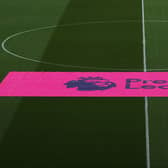 A general view of a Premier League banner on the pitch prior to the Premier League match between Norwich City and Newcastle United at Carrow Road on April 23, 2022 in Norwich, England.