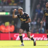 Joelinton of Newcastle United celebrates after scoring their side’s first goal during the Premier League match between Norwich City and Newcastle United at Carrow Road on April 23, 2022 in Norwich, England. (Photo by Marc Atkins/Getty Images)