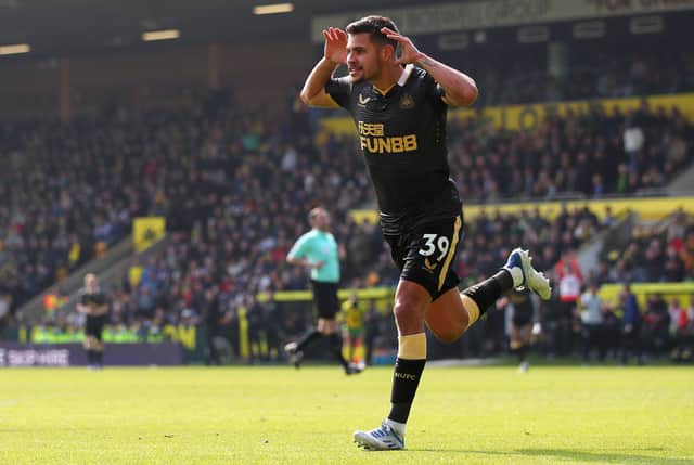 Bruno Guimaraes of Newcastle United celebrates after scoring their side’s third goal during the Premier League match between Norwich City and Newcastle United at Carrow Road on April 23, 2022 in Norwich, England. (Photo by Marc Atkins/Getty Images)