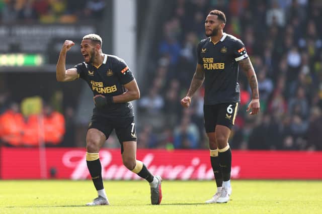 Joelinton of Newcastle United celebrates after scoring their side’s first goal during the Premier League match between Norwich City and Newcastle United at Carrow Road on April 23, 2022 in Norwich, England.