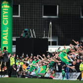 Bruno Guimaraes of Newcastle United  celebrates after scoring their side’s third goal with team mates during the Premier League match between Norwich City and Newcastle United at Carrow Road on April 23, 2022 in Norwich, England.