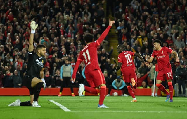 Sadio Mane of Liverpool scores their team’s second goal during the UEFA Champions League Semi Final Leg One match between Liverpool and Villarreal at Anfield on April 27, 2022 in Liverpool, England. (Photo by David Ramos/Getty Images)