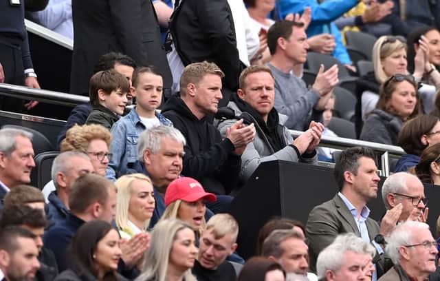 Newcastle United Head Coach Eddie Howe (c) watches the match from the directors box during the FA Women’s National League Division One North match against Alnwick Town Ladies at St James’ Park on May 01, 2022 in Newcastle upon Tyne, England. 