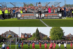 Gateshead celebrate their National League North title win as Ryan Bailey heads home a winner for Heaton Stannington