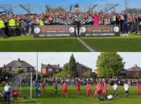 Gateshead celebrate their National League North title win as Ryan Bailey heads home a winner for Heaton Stannington