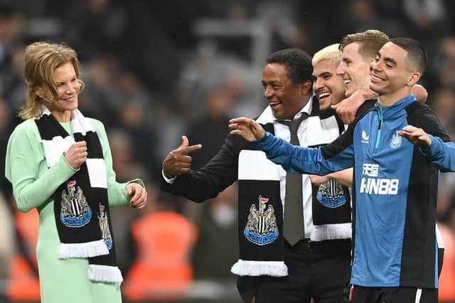 Newcastle  director Majed Al Sorour pictured with players Bruno Guimaraes Miguel Almiron and Matt Targett as Amanda Staveley looks on after the Premier League match between Newcastle United and Arsenal at St. James Park on May 16, 2022 in Newcastle upon Tyne, England. 
