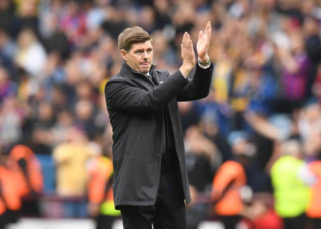 Aston Villa Manager Steven Gerrard applauds the fans after the final whistle during the Premier League match between Aston Villa and Crystal Palace at Villa Park on May 15, 2022 in Birmingham, England.