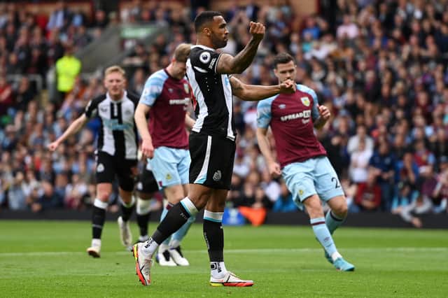BURNLEY, ENGLAND - MAY 22: Callum Wilson of Newcastle United celebrates after scoring their side’s first goal during the Premier League match between Burnley and Newcastle United at Turf Moor on May 22, 2022 in Burnley, England. (Photo by Gareth Copley/Getty Images)