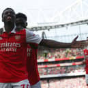 Eddie Nketiah of Arsenal celebrates after scoring the 2nd goal during the Premier League match between Arsenal and Everton at Emirates Stadium on May 22, 2022 in London, England.