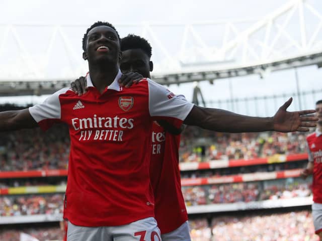 Eddie Nketiah of Arsenal celebrates after scoring the 2nd goal during the Premier League match between Arsenal and Everton at Emirates Stadium on May 22, 2022 in London, England.
