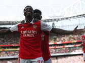 Eddie Nketiah of Arsenal celebrates after scoring the 2nd goal during the Premier League match between Arsenal and Everton at Emirates Stadium on May 22, 2022 in London, England.