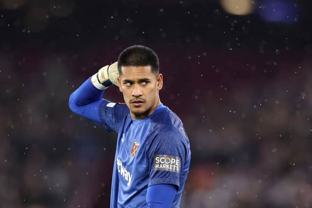 Alphonse Areola of West Ham United during the UEFA Europa League group H match between West Ham United and Dinamo Zagreb at Olympic Stadium on December 09, 2021 in London, England.