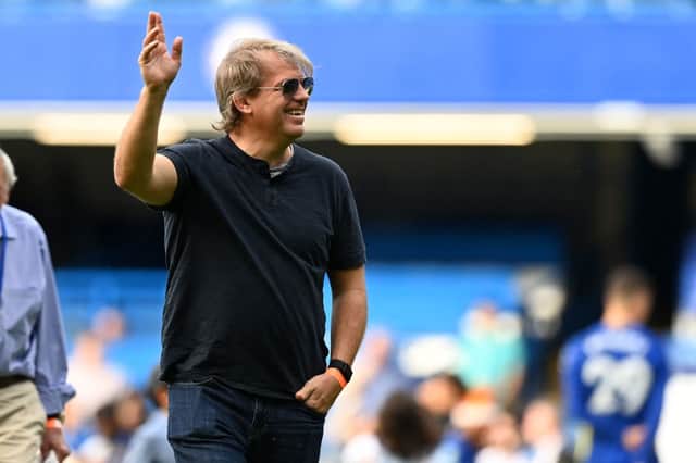 Chelsea’s prospective US owner Todd Boehly comes onto the pitch to join the lap of honour after the English Premier League football match between Chelsea and Watford at Stamford Bridge in London on May 22, 2022.