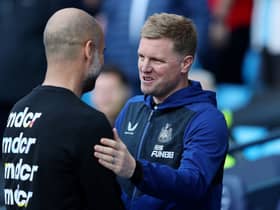 Pep Guardiola, Manager of Manchester City, shakes hands with Eddie Howe, Manager of Newcastle United, prior to kick off of the Premier League match between Manchester City and Newcastle United at Etihad Stadium on May 08, 2022.
