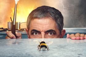 Rowan Atkinson as Trevor, peering over the kitchen counter about to swat the Bee (Credit: Netflix)