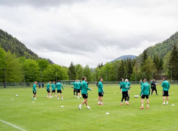 <p>Hungary’s players attend a training session in Saalfelden, Austria on May 27, 2021, where the Hungarian national football team prepared for EURO 2020. </p>