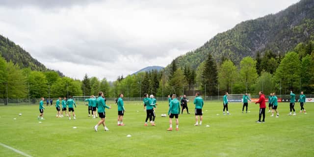 Hungary’s players attend a training session in Saalfelden, Austria on May 27, 2021, where the Hungarian national football team prepared for EURO 2020. 