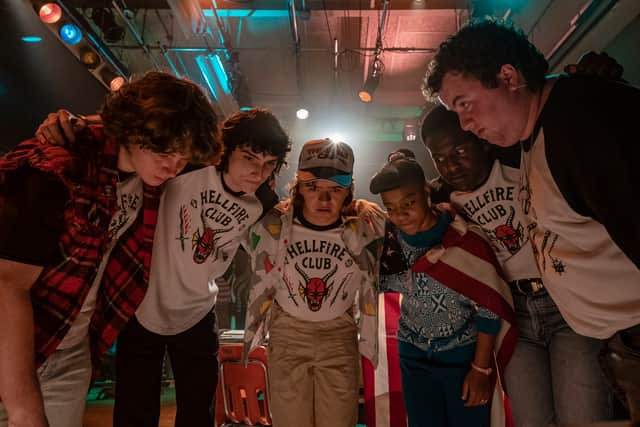 (L to R) Finn Wolfhard as Mike Wheeler, Gaten Matarazzo as Dustin Hendrson and Priah Ferguson as Erica Sinclair in Stranger Things (Pic: Tina Rowden/Netflix): 