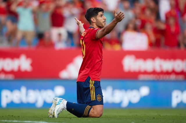 Marco Asensio of Spain reacts during the UEFA Nations League League A Group 2 match between Spain and Czech Republic at La Rosaleda Stadium on June 12, 2022 in Malaga, Spain. (Photo by Fran Santiago/Getty Images)