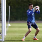 Goalkeeper Nick Pope of England makes a save during a training session at Tottenham Hotspur Training Centre on March 28, 2022 in Enfield, England.