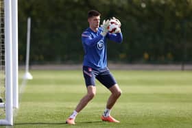 Goalkeeper Nick Pope of England makes a save during a training session at Tottenham Hotspur Training Centre on March 28, 2022 in Enfield, England.