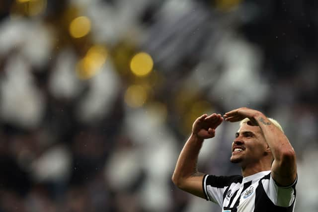 Newcastle player Bruno Guimaraes is seen on the pitch after the Premier League match between Newcastle United and Arsenal at St. James Park on May 16, 2022 in Newcastle upon Tyne, England. 