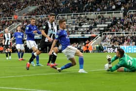 Karl Darlow of Newcastle United saves a shot from Harvey Barnes of Leicester City during the Carabao Cup Second Round match at St James’ Park in August 2019  (Photo by Ian MacNicol/Getty Images)