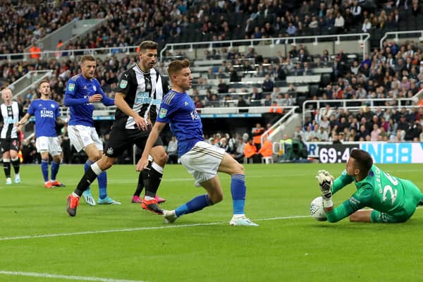 Karl Darlow of Newcastle United saves a shot from Harvey Barnes of Leicester City during the Carabao Cup Second Round match at St James’ Park in August 2019  (Photo by Ian MacNicol/Getty Images)